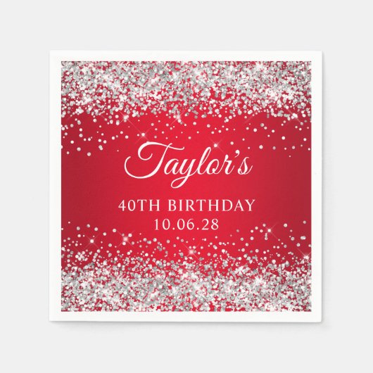 Serviette En Papier Parties scintillant d'argent Rouge Ombre 40e anniv (Devant)