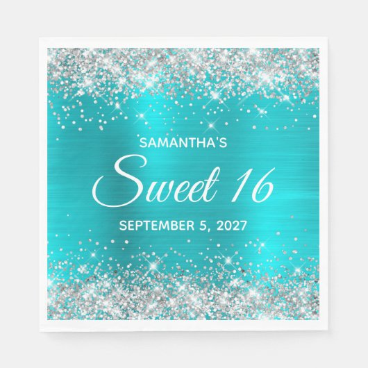 Serviette En Papier Parties scintillant d'argent Turquoise bleu Ombre  (Devant)