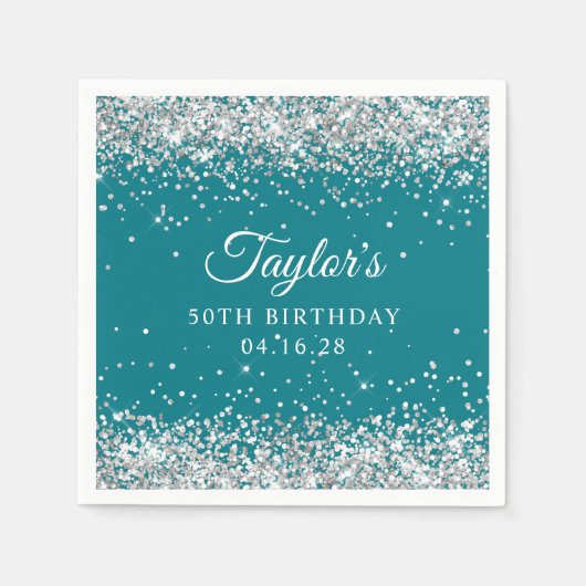 Serviette En Papier Parties scintillant d'argent Turquoise foncé 50e a (Devant)