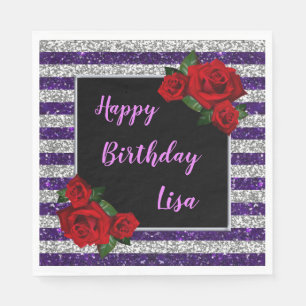 Serviette En Papier Parties scintillant de l'argent mauve Roses rouges