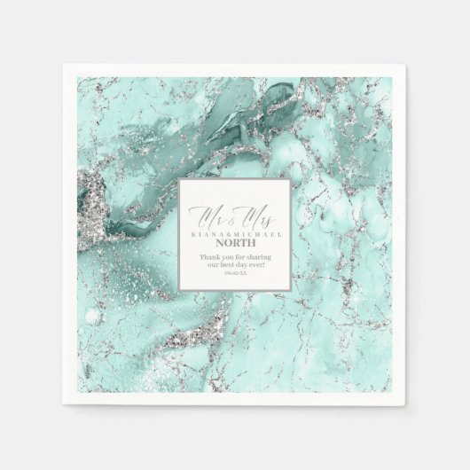 Serviette En Papier Parties scintillant de marbre Mariage Turquoise Si (Devant)