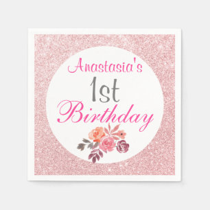 Serviette En Papier Parties scintillant d'or Blush Rose Floral 1er Ann