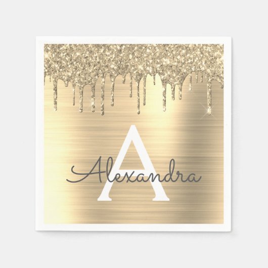 Serviette En Papier Parties scintillant d'or brossé Nom du monogramme (Devant)