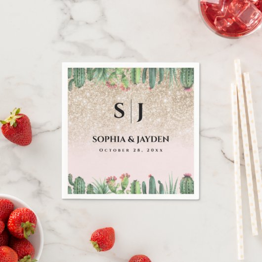 Serviette En Papier Parties scintillant d'or de Cactus Mariage glam gl (En situation)