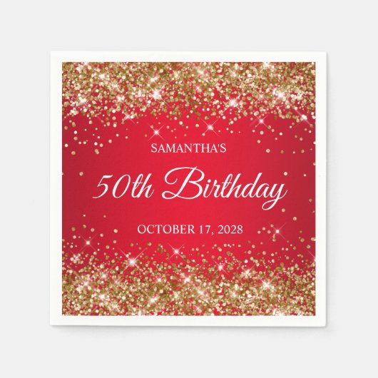 Serviette En Papier Parties scintillant d'or et 50e anniversaire rouge (Devant)