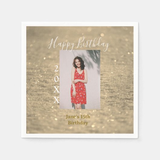 Serviette En Papier Parties scintillant d'or heureux 15e anniversaire  (Devant)