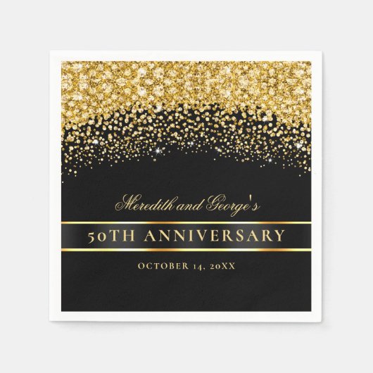 Serviette En Papier Parties scintillant d'or noir 50e anniversaire (Devant)
