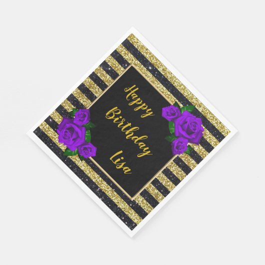Serviette En Papier Parties scintillant d'or noir rayures de violet Ro (Coin)
