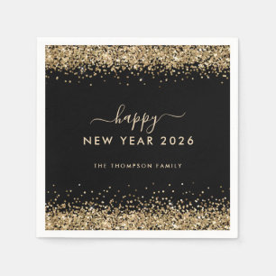 Serviette En Papier Parties scintillant d'or Nom Black Happy New Year 