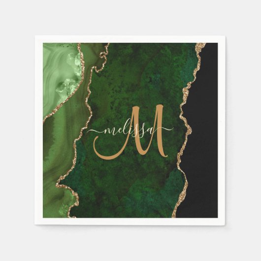 Serviette En Papier Parties scintillant d'or vert chic Agate Monogramm (Devant)