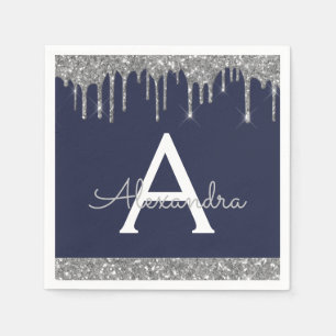 Serviette En Papier Parties scintillant en argent bleu marine Monogram