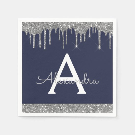 Serviette En Papier Parties scintillant en argent bleu marine Monogram (Devant)
