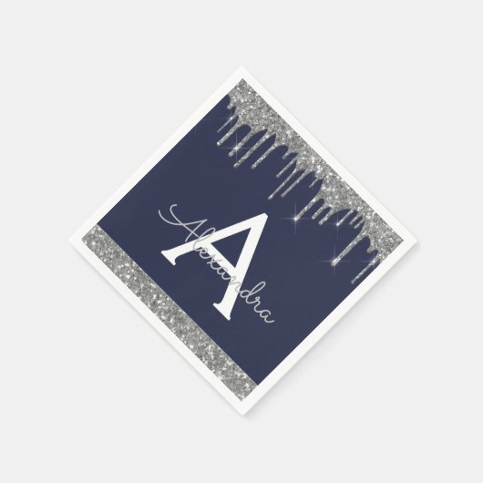 Serviette En Papier Parties scintillant en argent bleu marine Monogram (Coin)