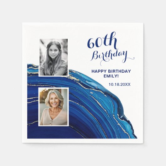 Serviette En Papier Parties scintillant en marbre bleu 2 Photo Anniver (Devant)