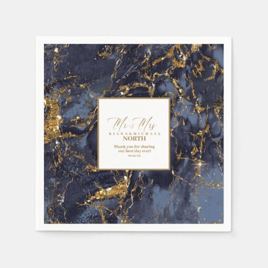 Serviette En Papier Parties scintillant en marbre Mariage Marine Blue  (Devant)