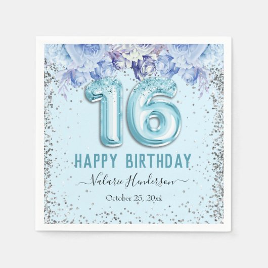 Serviette En Papier Parties scintillant florale Bleu clair Joyeux 16e (Devant)