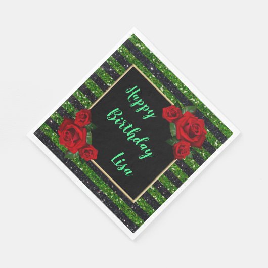 Serviette En Papier Parties scintillant Grandes Vertes Et Noires Roses (Coin)
