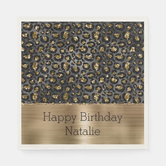 Serviette En Papier Parties scintillant Léopard Noir Or (Devant)