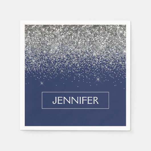Serviette En Papier Parties scintillant Monogram Navy Blue Silver Glam (Devant)