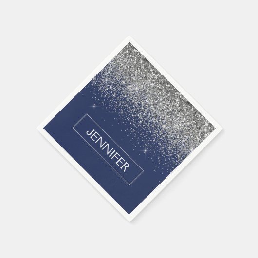 Serviette En Papier Parties scintillant Monogram Navy Blue Silver Glam (Coin)