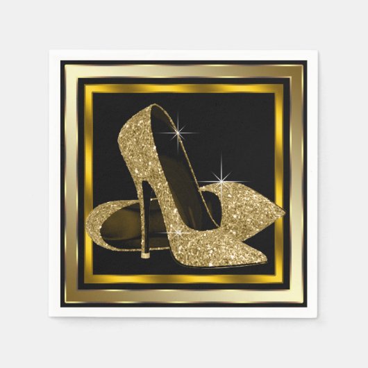Serviette En Papier Parties scintillant noir et or haut talon (Devant)