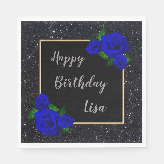 Serviette En Papier Parties scintillant noire  Bleu profond Roses Anni (Devant)