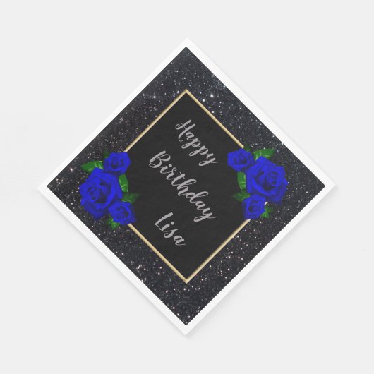 Serviette En Papier Parties scintillant noire  Bleu profond Roses Anni (Coin)