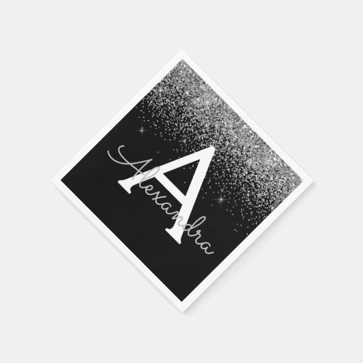 Serviette En Papier Parties scintillant noire en argent et Monogramme  (Coin)