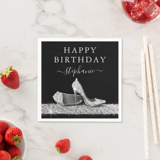Serviette En Papier Parties scintillant noire et argent talons hauts A (En situation)
