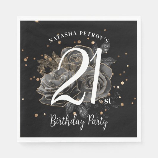 Serviette En Papier Parties scintillant Noire et Or 21ème anniversaire (Devant)