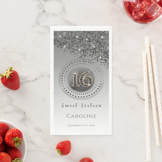 Serviette En Papier Parties scintillant noire et sucré argenté 16 Mono (En situation)