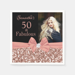 Serviette En Papier Parties scintillant or rose et photo noir 50e anni