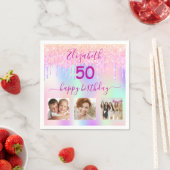 Serviette En Papier Parties scintillant photo rose holographique anniv (En situation)