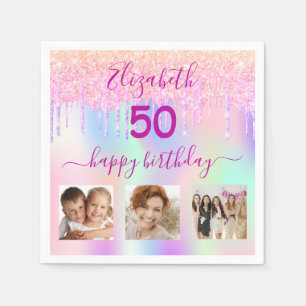Serviette En Papier Parties scintillant photo rose holographique anniv
