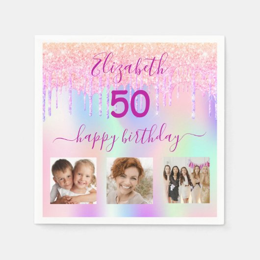 Serviette En Papier Parties scintillant photo rose holographique anniv (Devant)