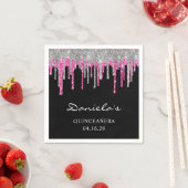 Serviette En Papier Parties scintillant rose chaud argent gouttes noir (En situation)