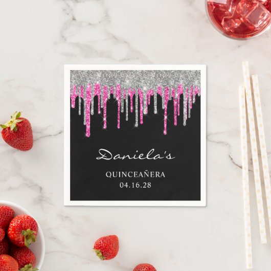Serviette En Papier Parties scintillant rose chaud argent gouttes noir (En situation)