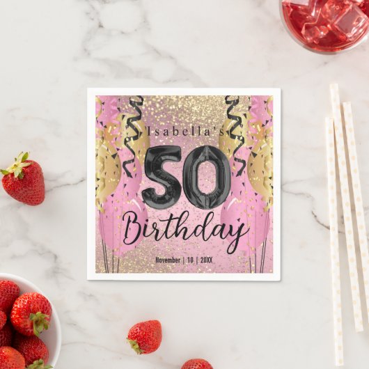 Serviette En Papier Parties scintillant rose et or 50e anniversaire (En situation)