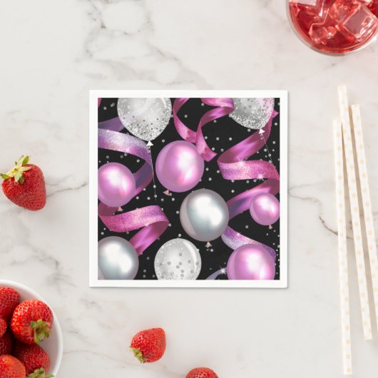 Serviette En Papier Parties scintillant rose noir argent doux 16 fête (En situation)