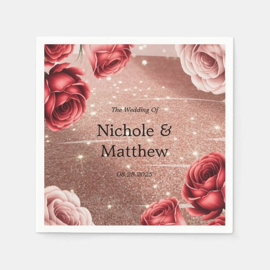 Serviette En Papier Parties scintillant rose or avec Mariage Red Roses (Devant)