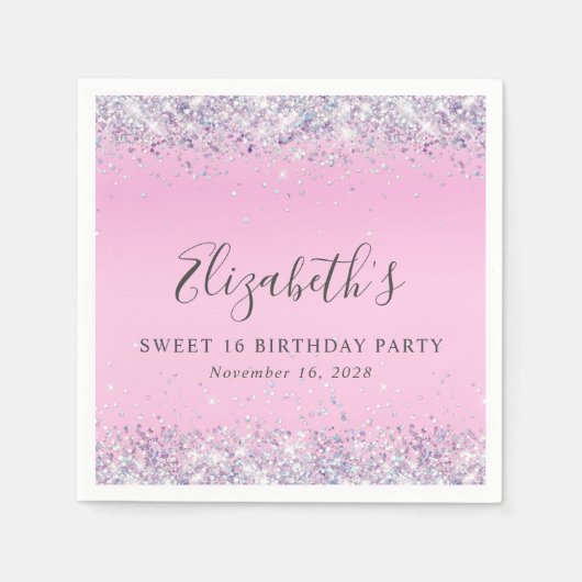 Serviette En Papier Parties scintillant rose sucré 16 Anniversaire (Devant)