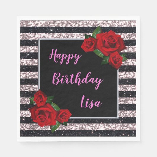 Serviette En Papier Parties scintillant Roses Rouges Rose Et Noir Anni (Devant)