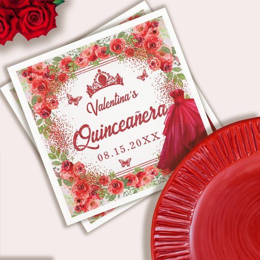 Serviette En Papier Parties scintillant rouge Floral Quinceanera