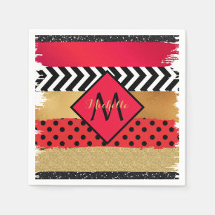 Serviette En Papier Parties scintillant rouge Noir Brush Stroke Monogr