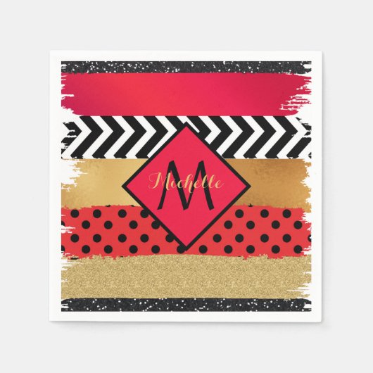 Serviette En Papier Parties scintillant rouge Noir Brush Stroke Monogr (Devant)