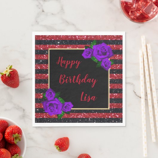 Serviette En Papier Parties scintillant rouge noir rayures violet Rose (En situation)