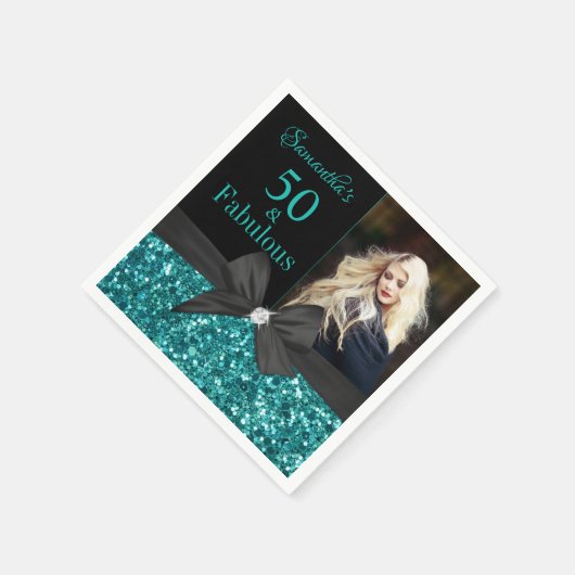 Serviette En Papier Parties scintillant turquoise Bow noir 50e anniver (Coin)