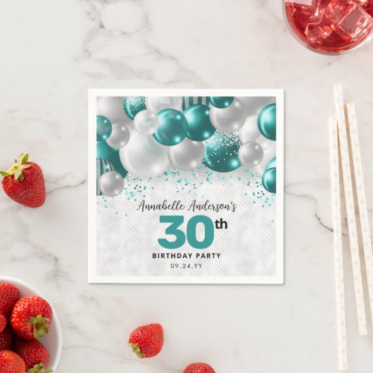 Serviette En Papier Parties scintillant turquoise de ballon d'argent v (En situation)