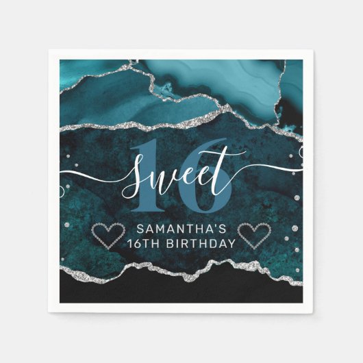 Serviette En Papier Parties scintillant turquoise et argent Agate Marb (Devant)