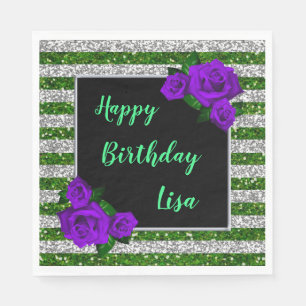 Serviette En Papier Parties scintillant verte en argent rayures violet